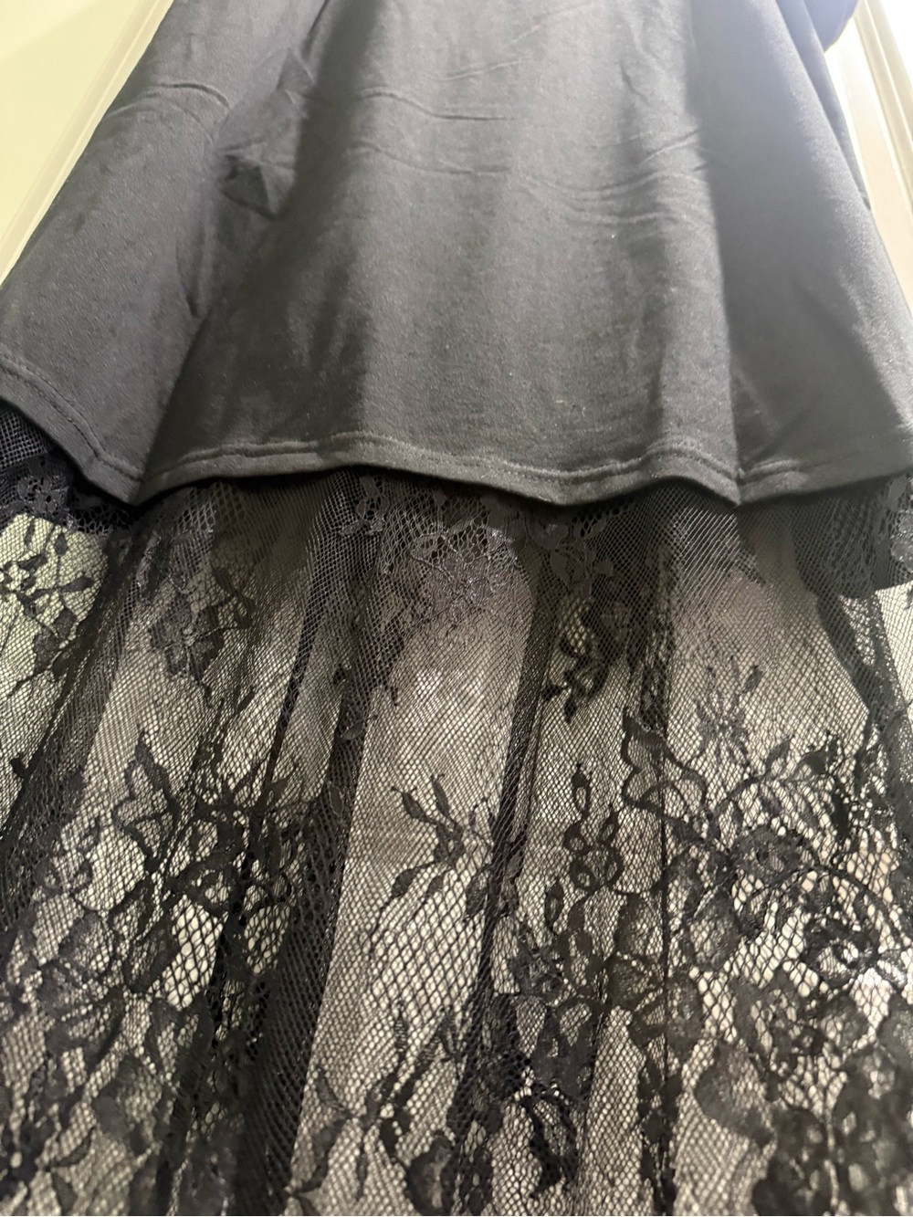 Black Short-Sleeve Dress with Sheer Lace Hem - Picture 4 of 8